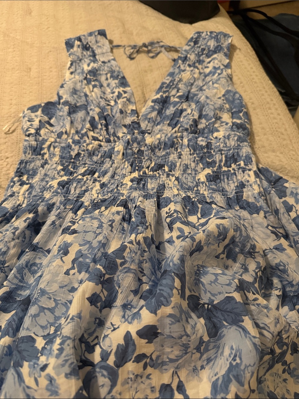 Abercrombie & Fitch Blue and White Floral Smocked V-Neck Midi Dress